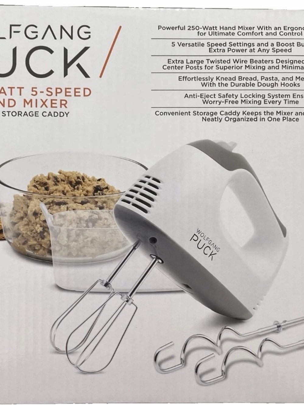 Wolfgang Puck 250W 5-Speed Hand Mixer Set w/ Storage Caddy, Beaters, Hooks